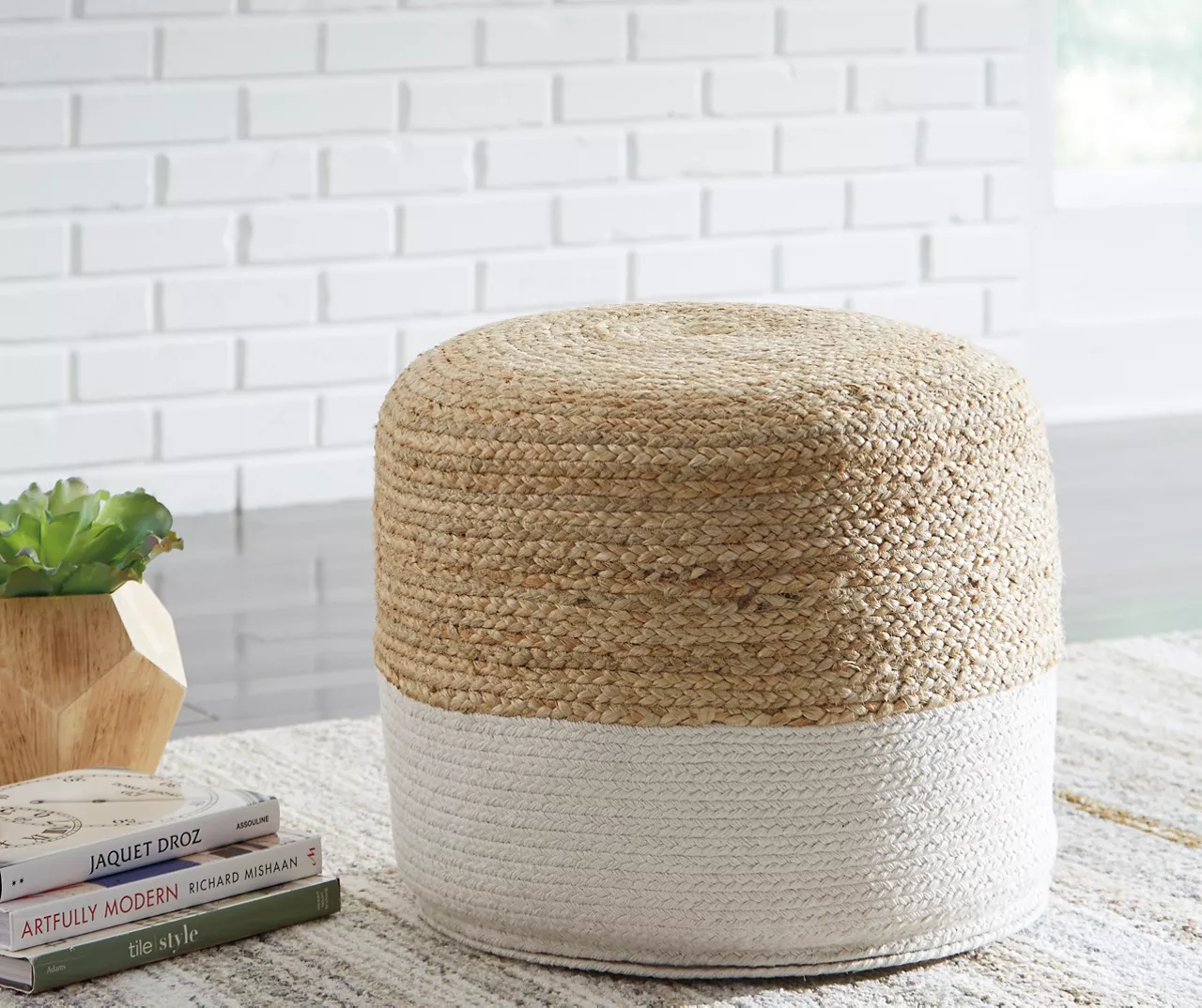 Sweed Valley Natural & White Round Pouf 2 Sweed Valley Natural & White Round Pouf - Image 2