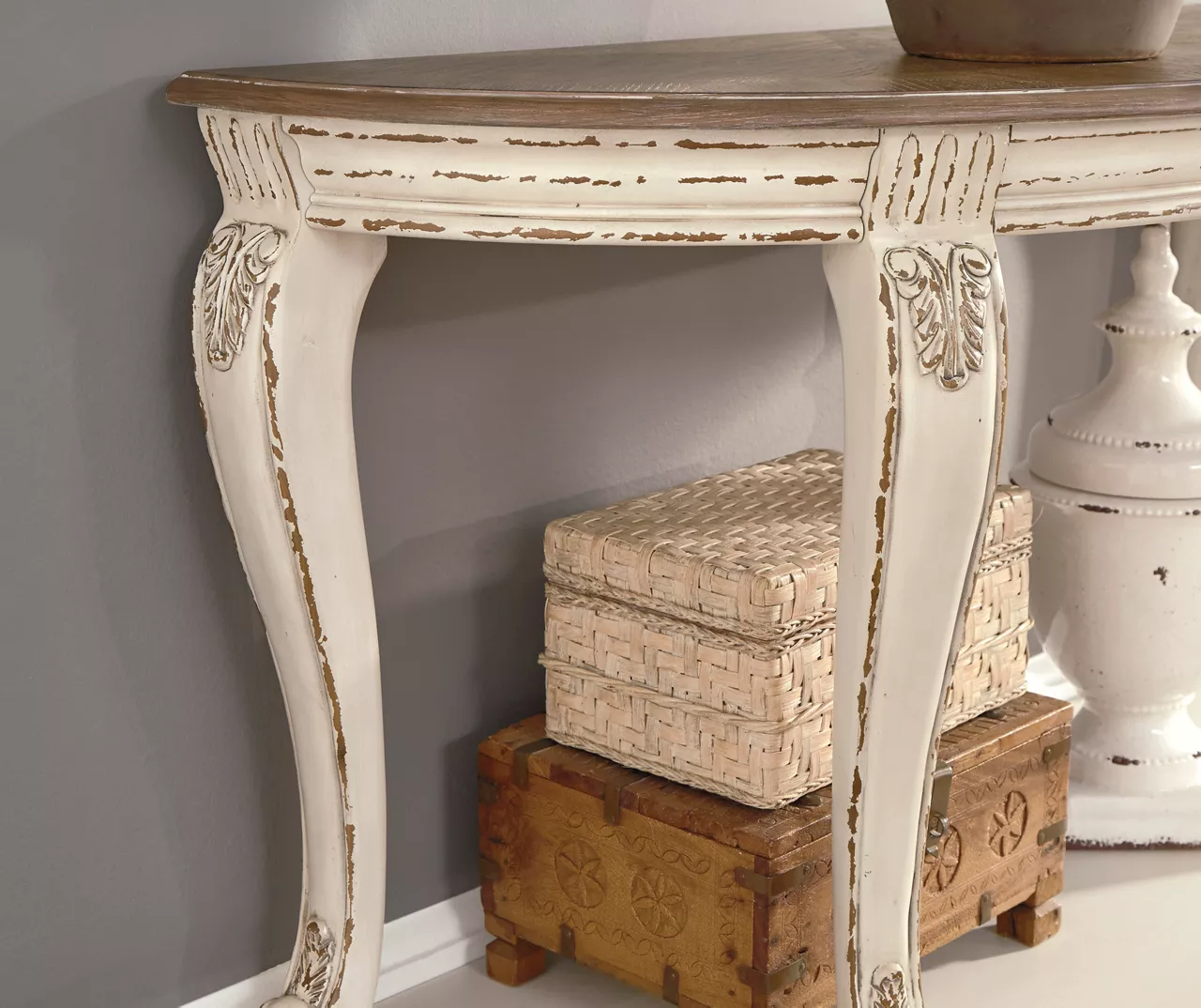 Realyn White & Brown Two-Tone Half-Circle Console Table 5 Realyn White & Brown Two-Tone Half-Circle Console Table - Image 5