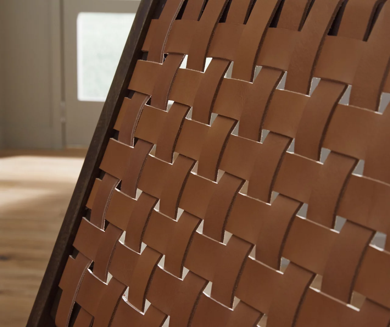 Fayme Camel Armless Leather Woven-Back Lounge Chair 4 Fayme Camel Armless Leather Woven-Back Lounge Chair - Image 4